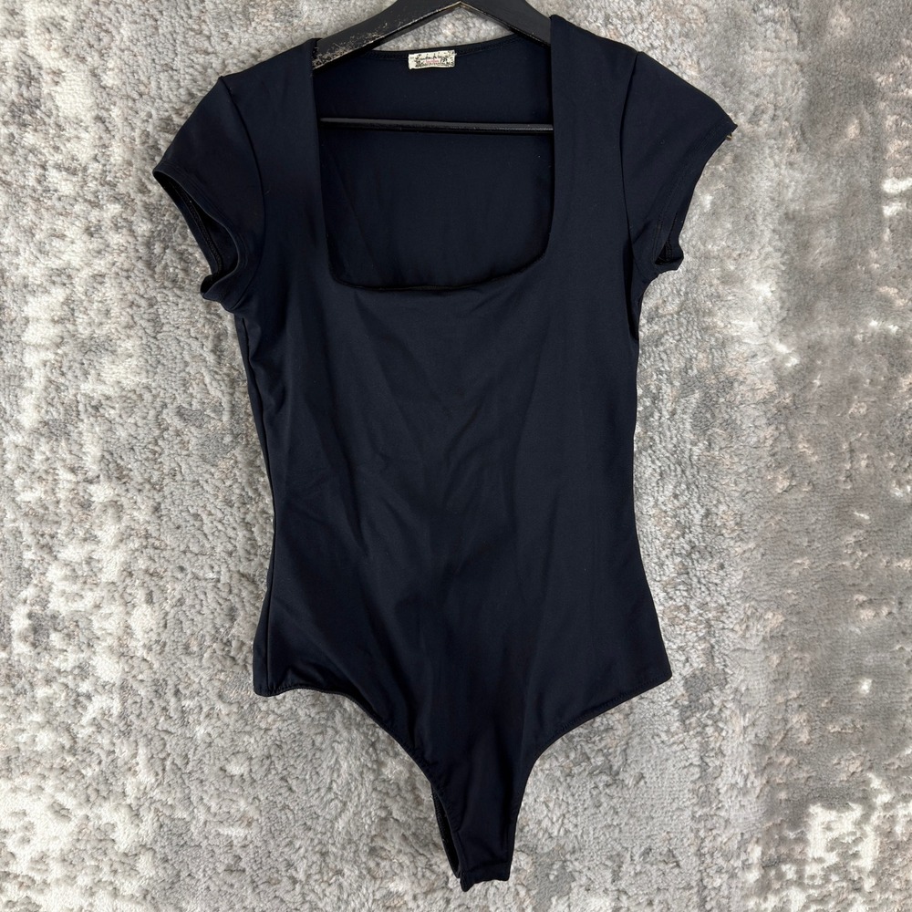 Free People Size S Square Neck Cap Sleeve Bodysuit Black Short Sleeve‎ Women